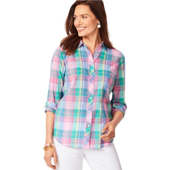 Talbots Classic Cotton Button Up Shirt - Madras Plaid Blouse Size 1X - Picture 1 of 7